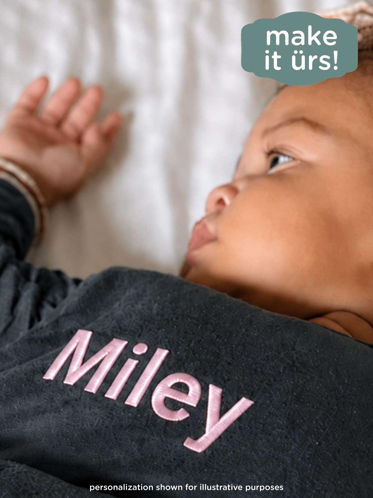 Dark gray baby sleep sack with pink name embroidery 'Miley'