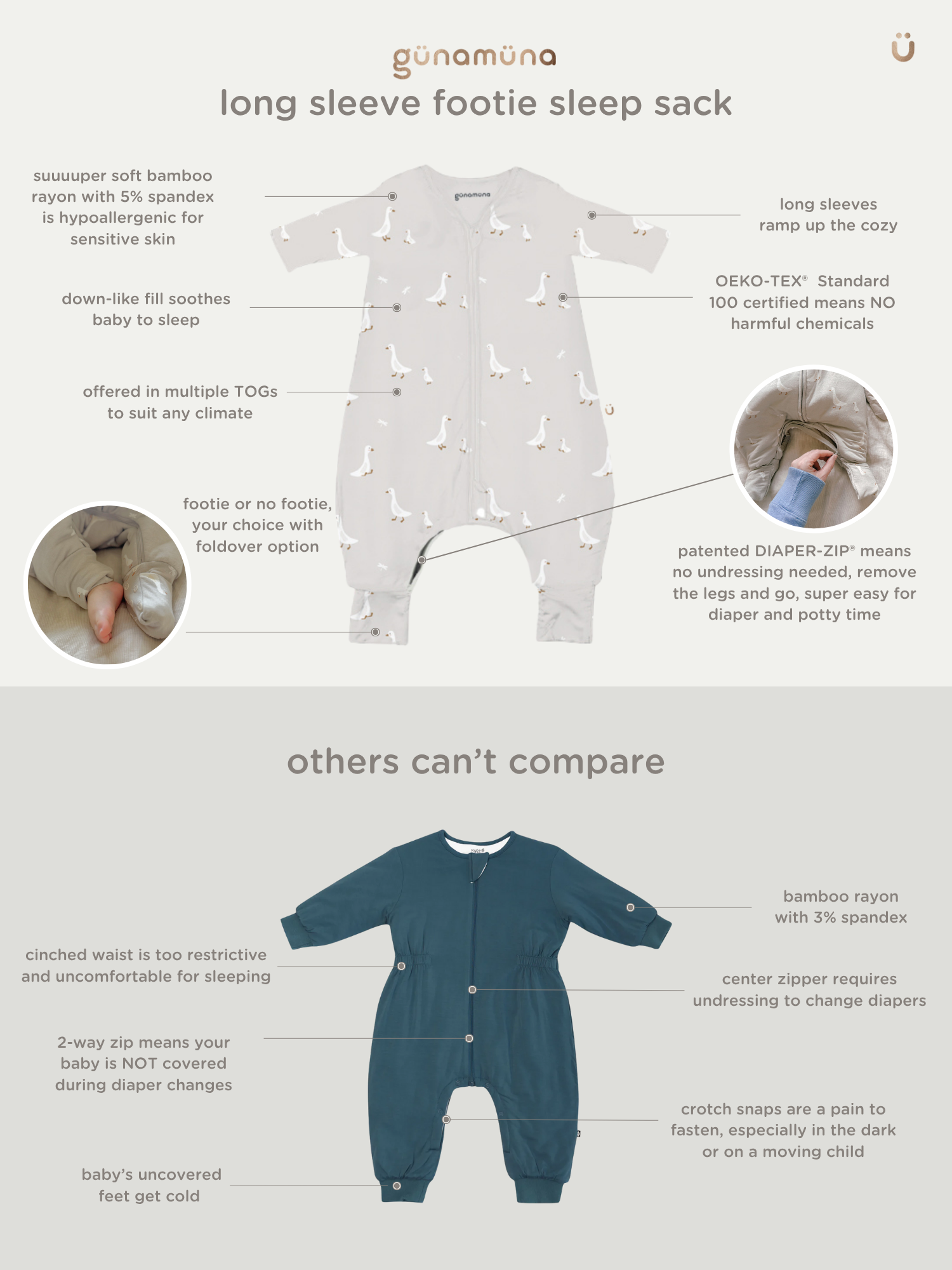 Long Sleeve Footie Sleep Sack - Goose / 2.5 TOG