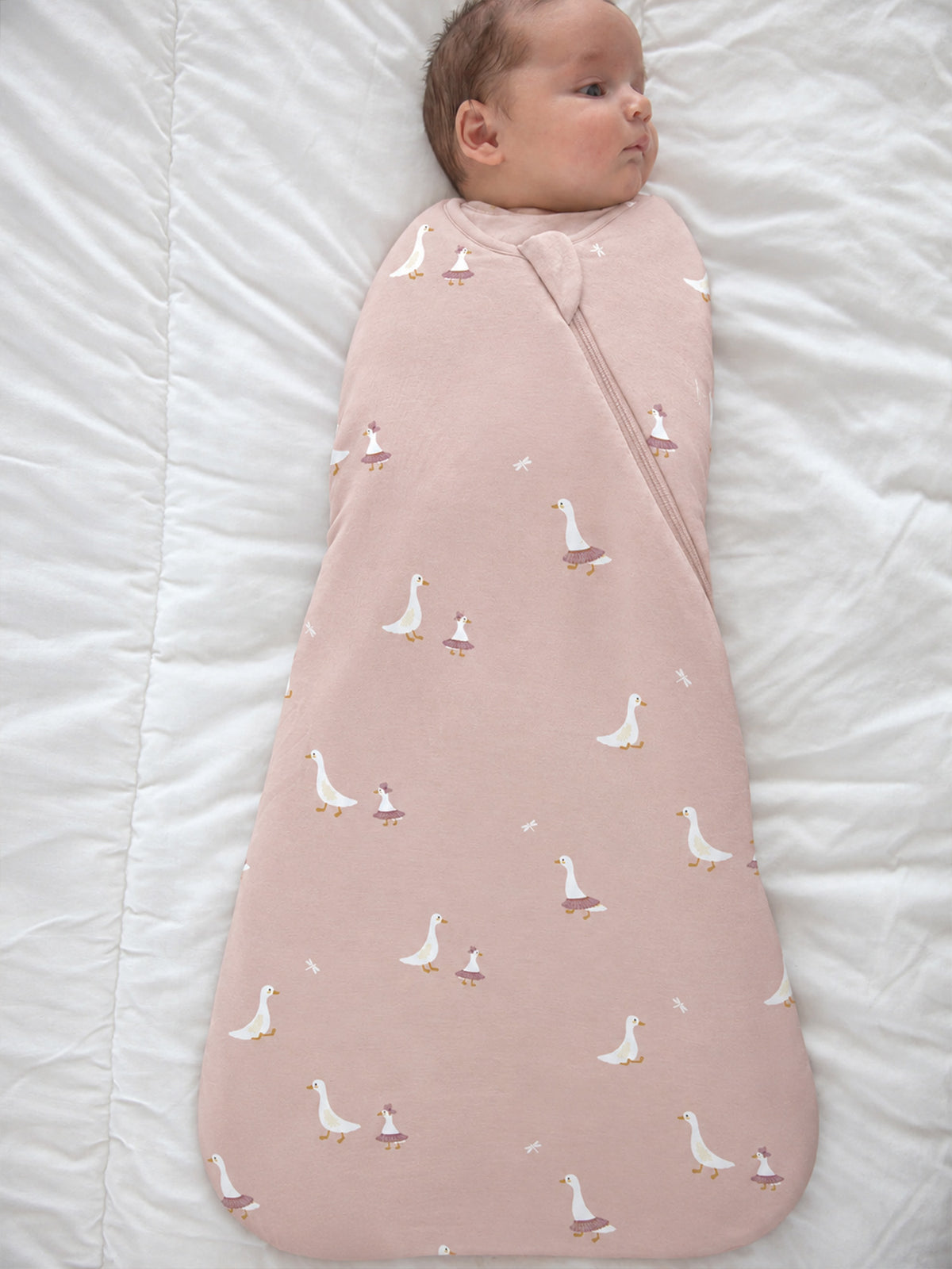 Pink swaddle sleep sack with white goose print and front zip, 1.0 TOG