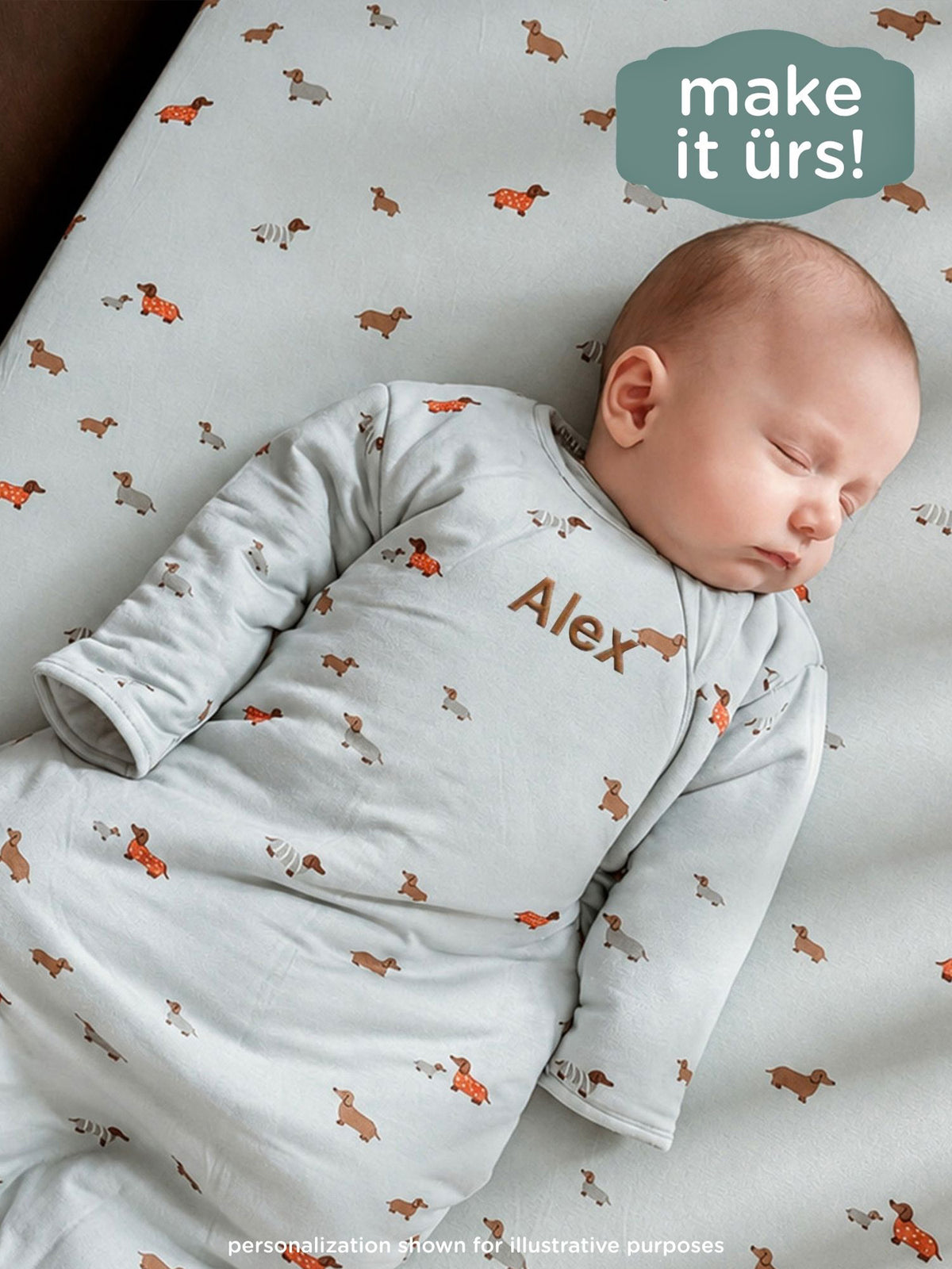 Long-sleeve sleep sack with dachshund print, personalized 'Alex', pale gray fabric