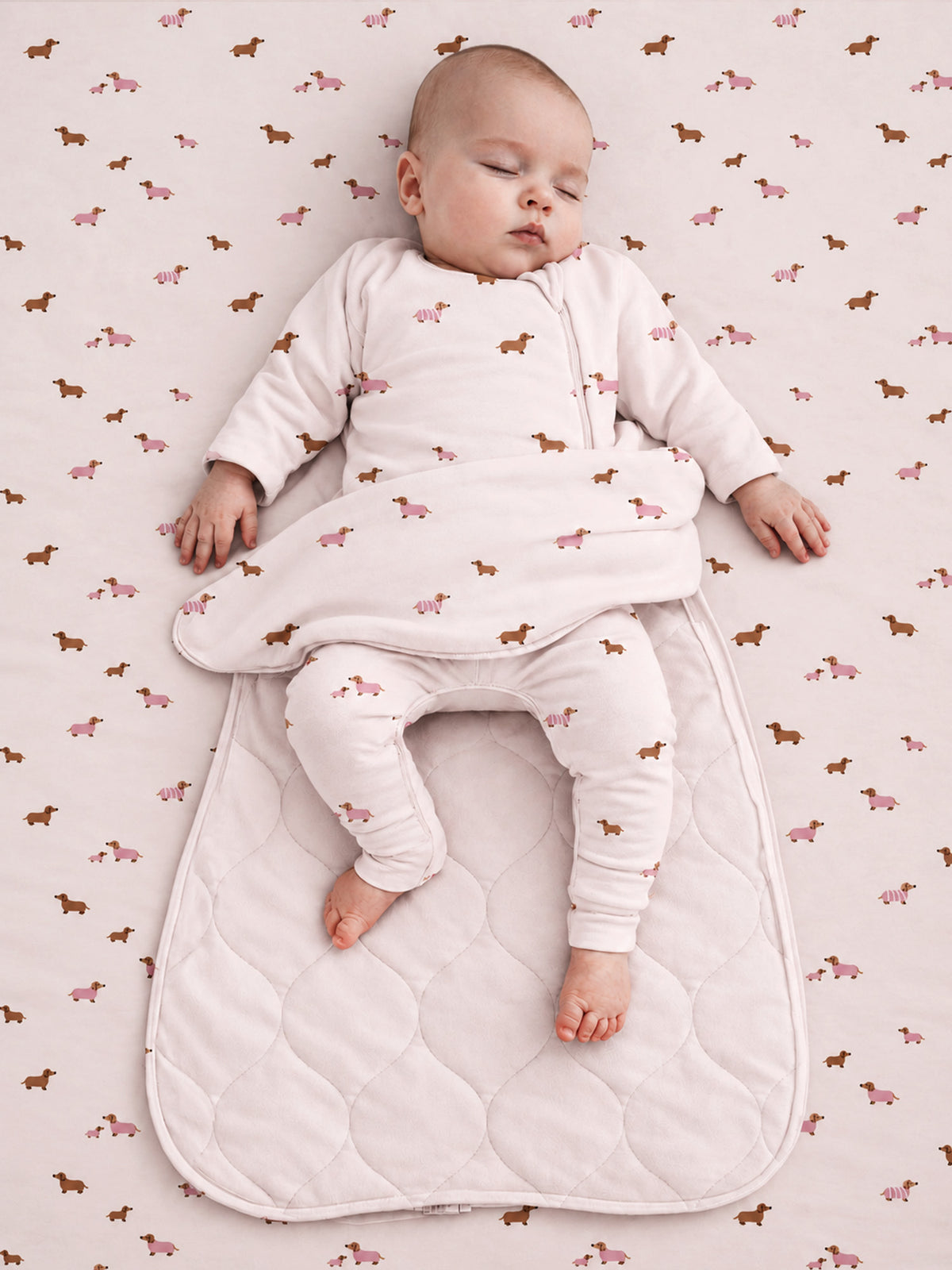 Long sleeve transitional swaddle sack, white dog print, open legs, zip front