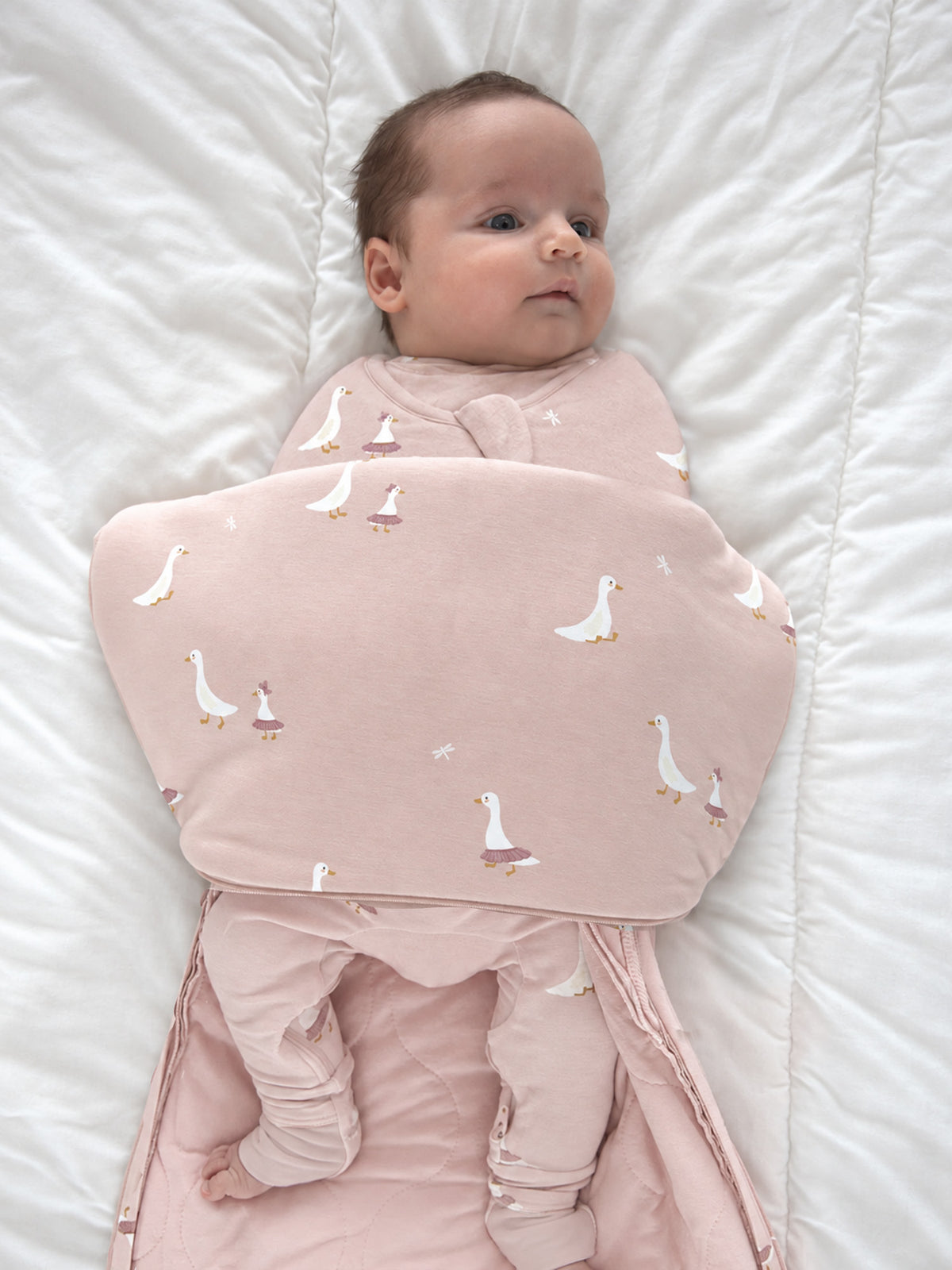 Pink swaddle sleep sack with allover goose print and zip front, 1.0 TOG