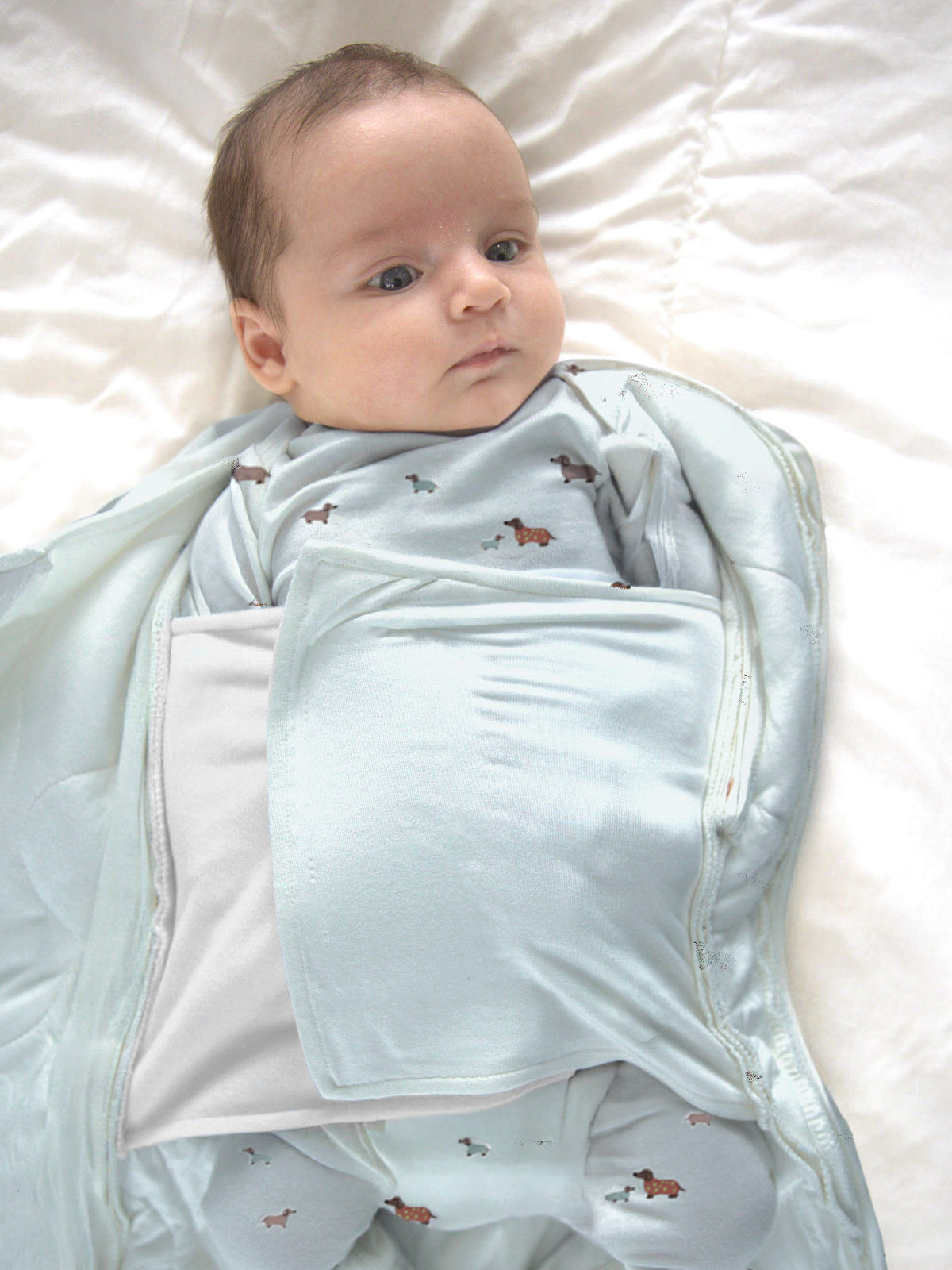 Light blue baby swaddle sleep sack, 1.0 TOG, with dog print lining