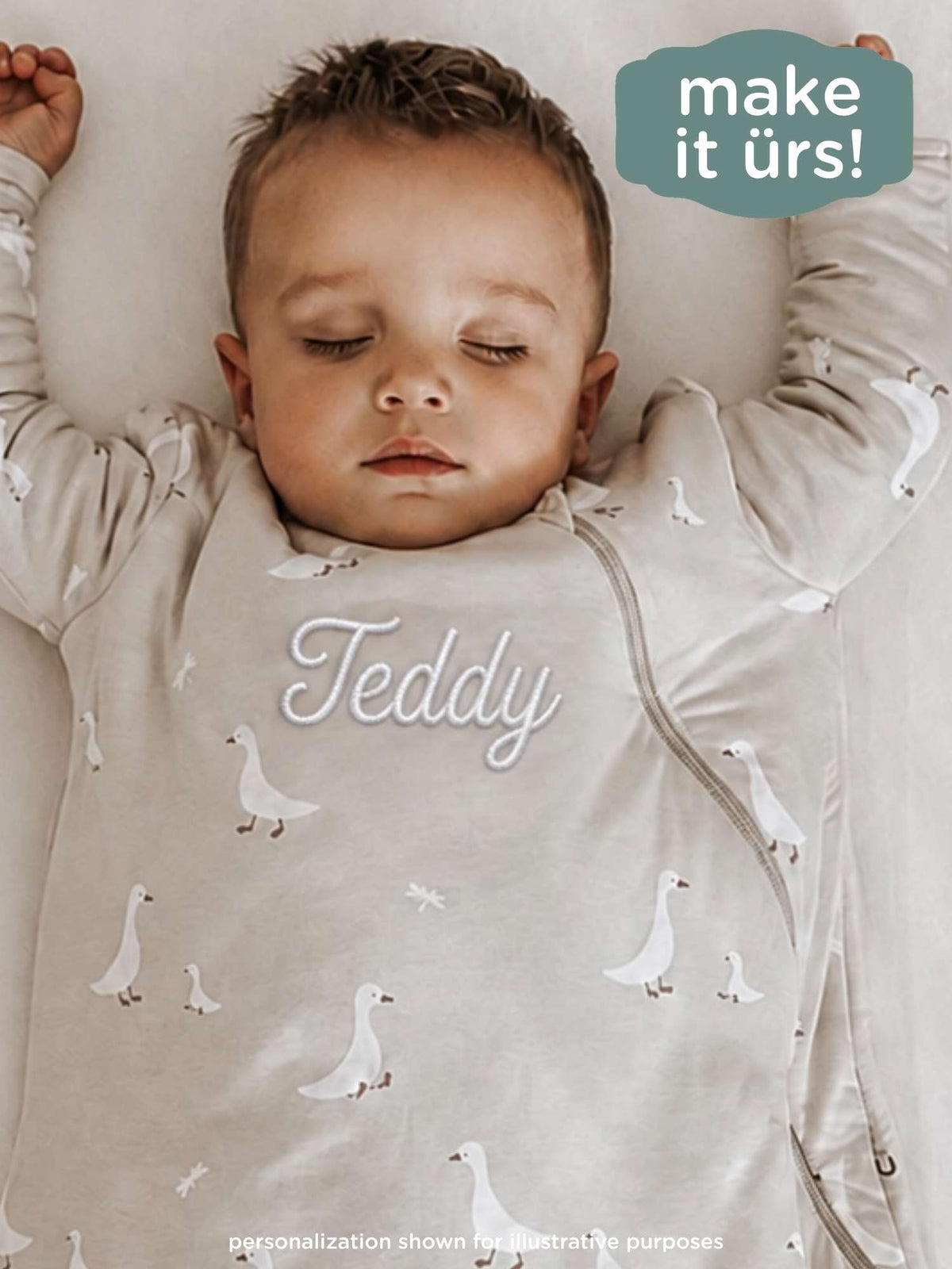 Light gray long-sleeve sleep sack with goose print, front zipper, 2.5 TOG rating