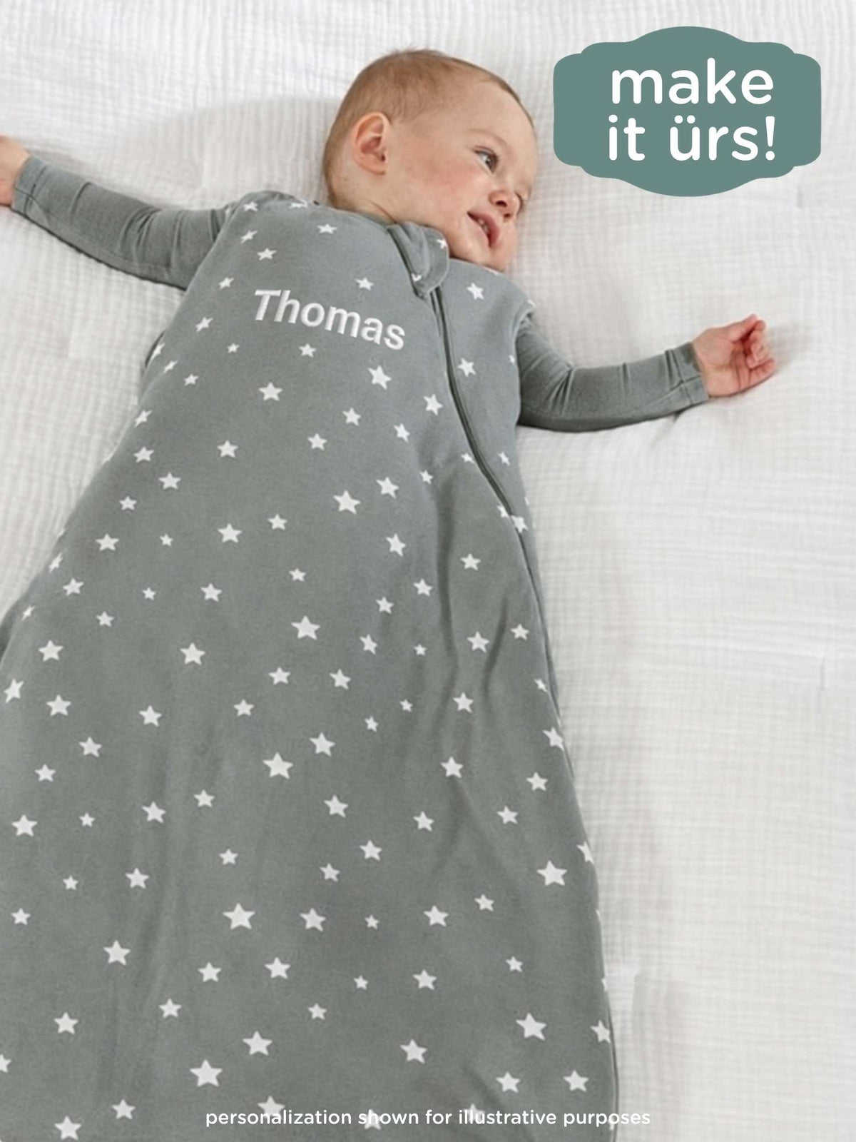 Grey star-pattern sleep sack with Thomas name panel, zip-front, 1.0 TOG