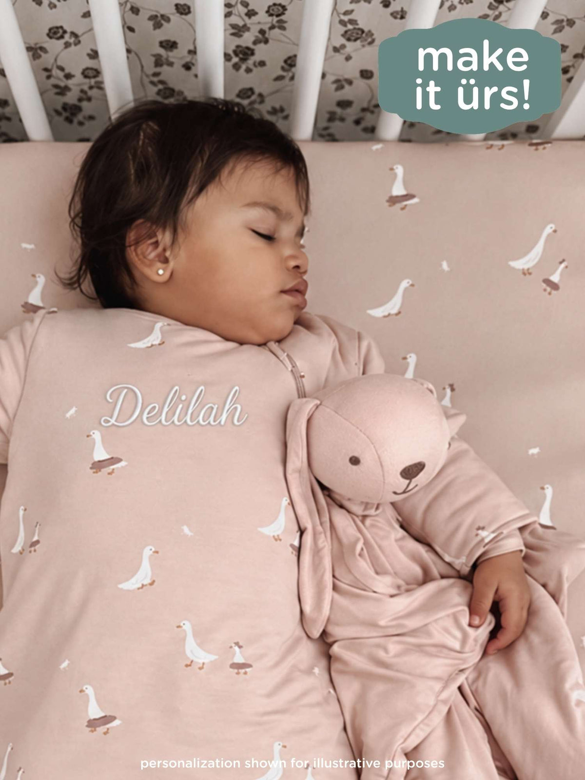 Pink long-sleeve sleep sack with goose print and embroidered 'Delilah' front