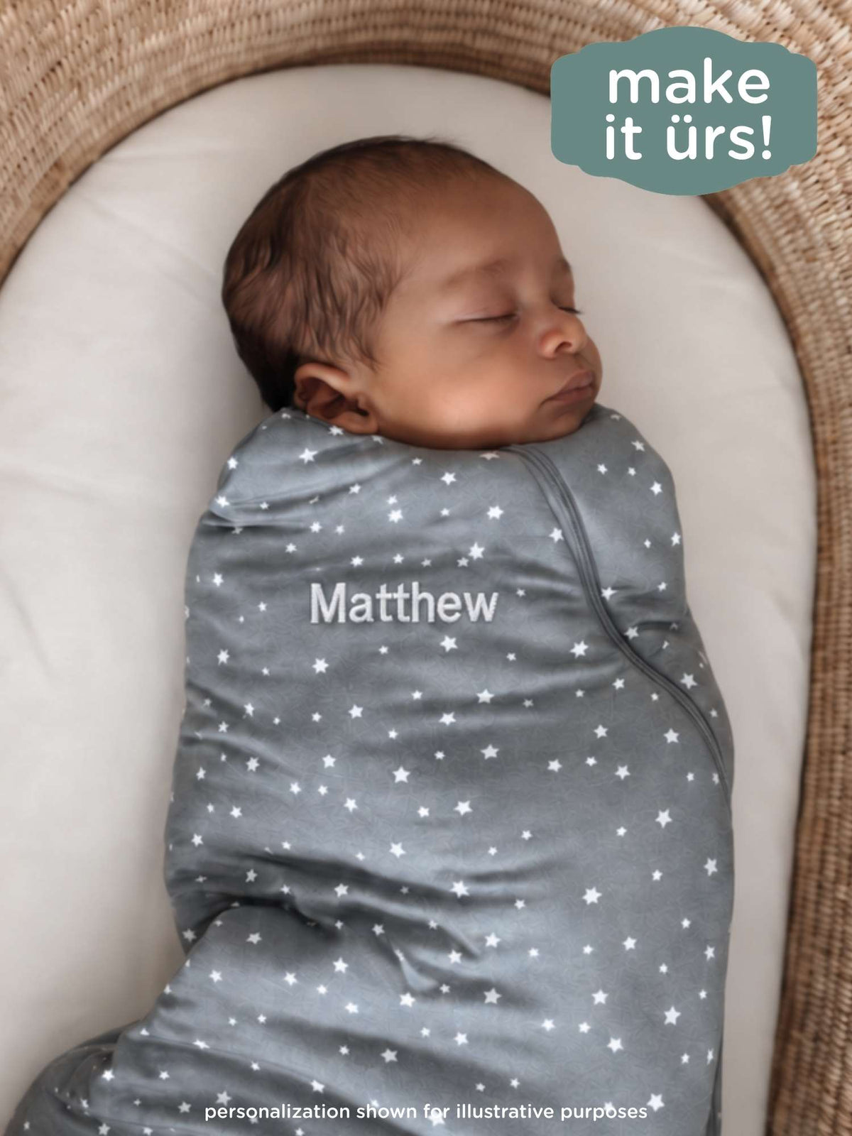 Baby swaddle sleep sack with long sleeves, gray fabric and white star pattern