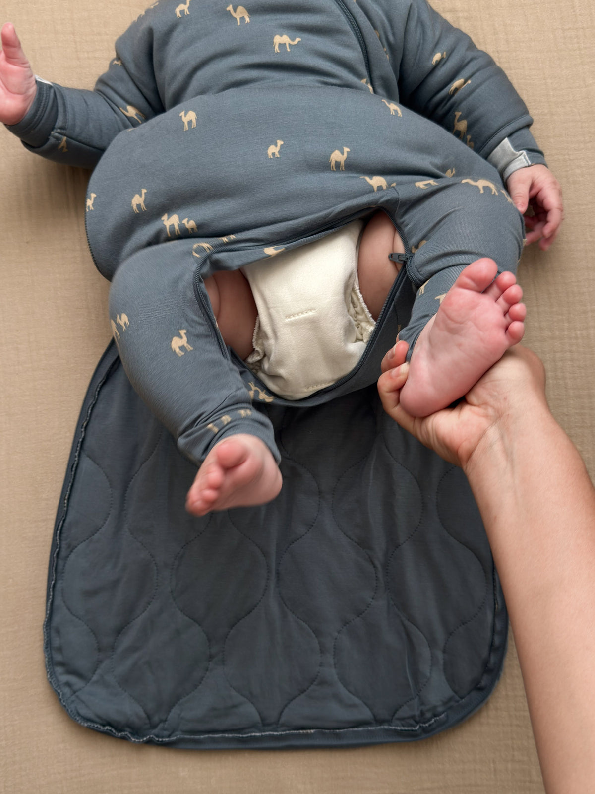 Long-sleeve swaddle sack, slate blue camel print, open leg area with padded lining