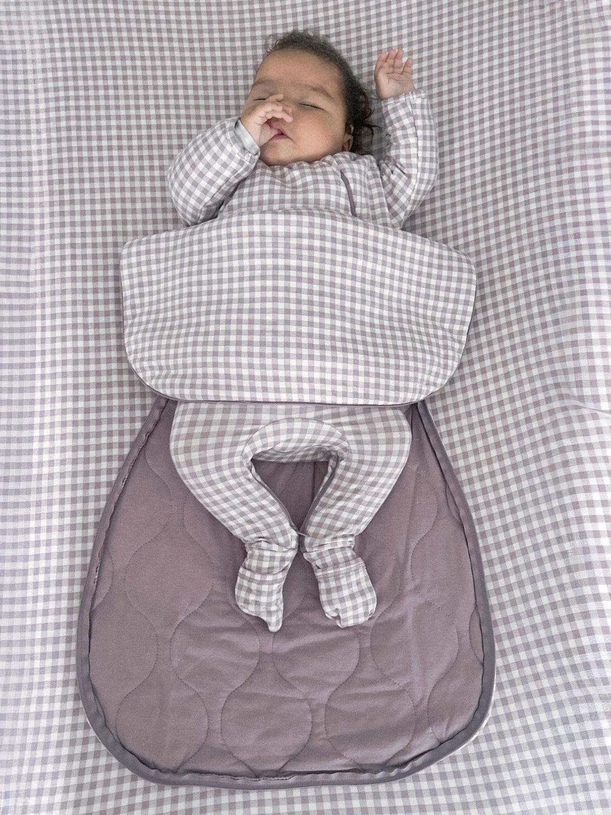 Long-sleeve check swaddle sack with gray quilted lower and front neck opening