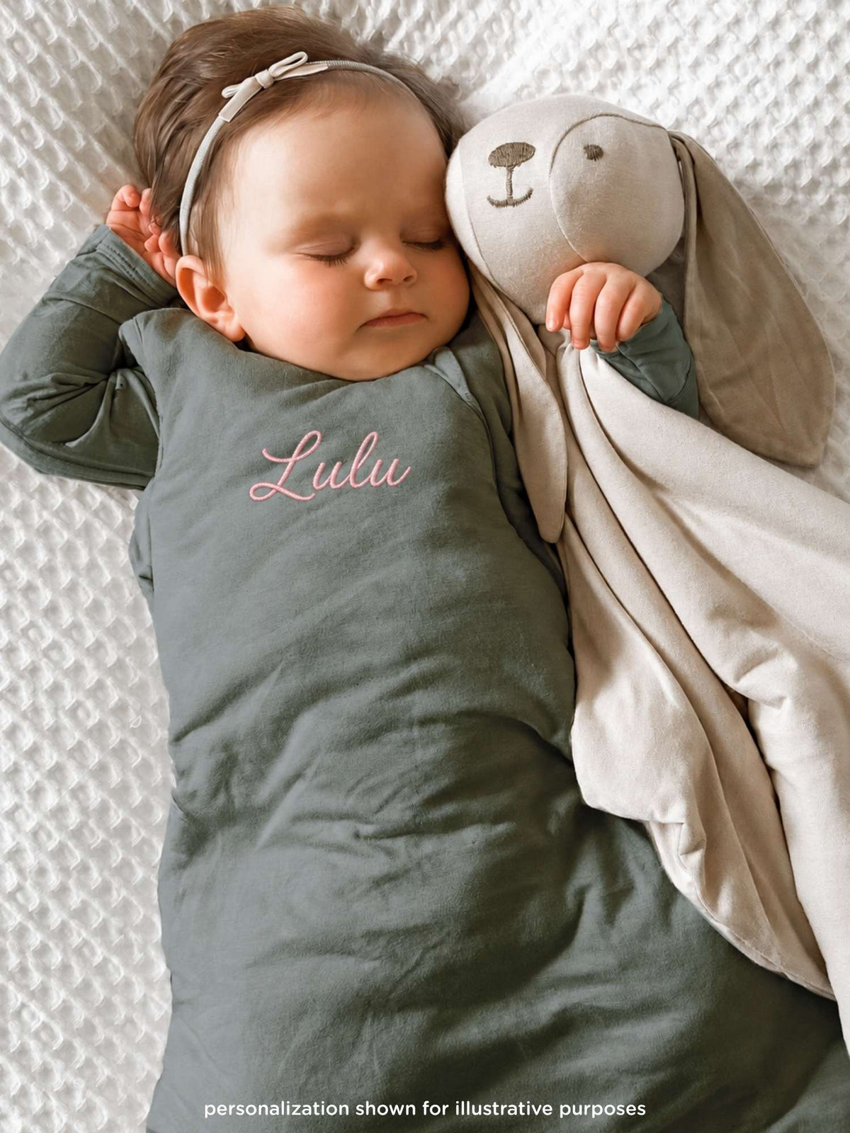 Forest green long-sleeve sleep sack with plush bunny hood and name embroidery