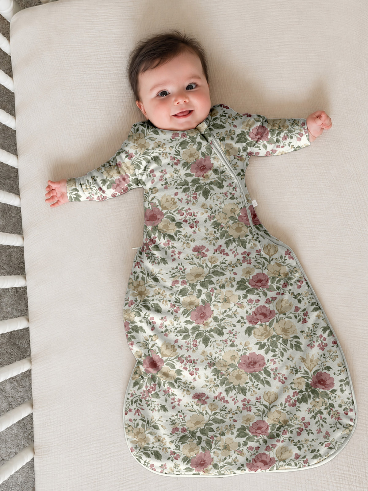 Long-sleeve transitional swaddle sack, floral print with front zipper and long sleeves