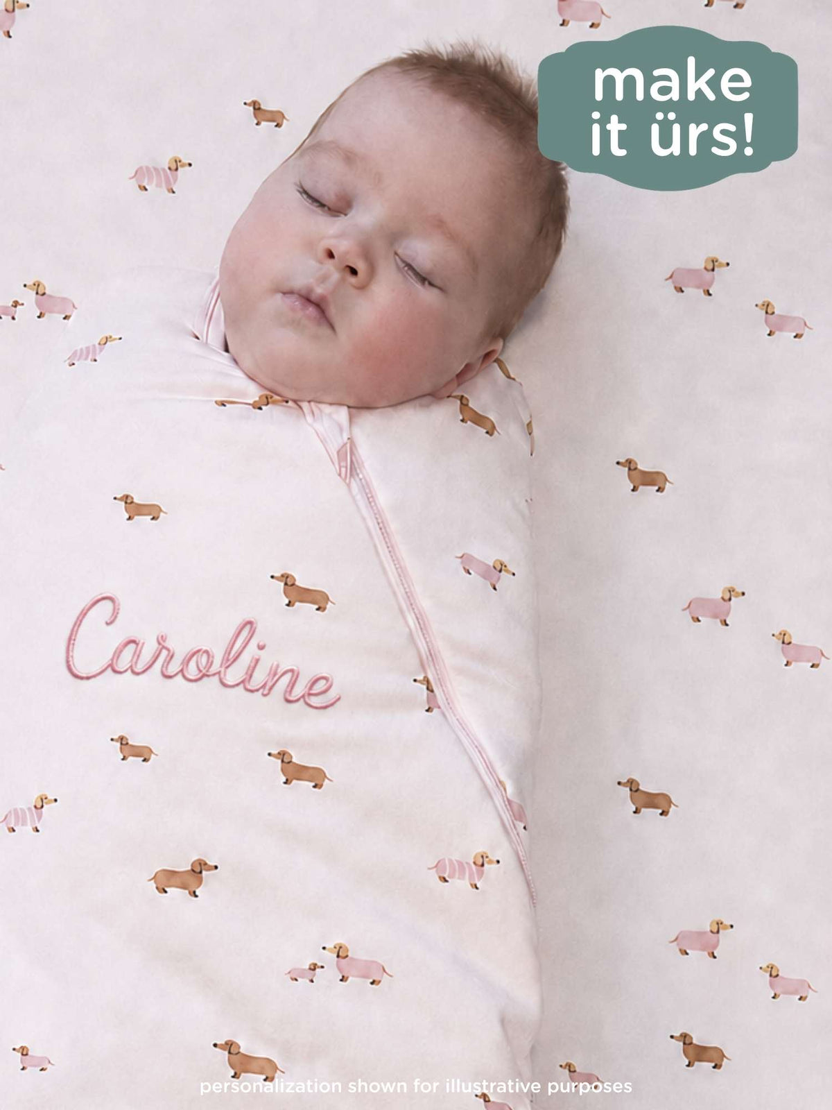 2.5 TOG girldog swaddle sleep sack, light pink dog print, front zipper