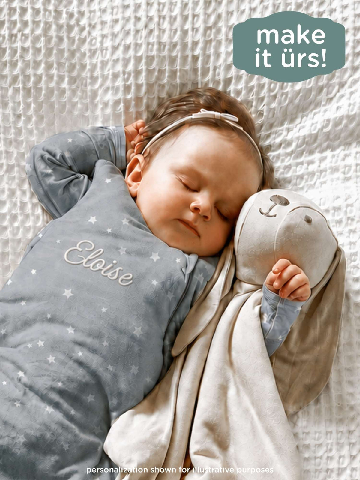 Gray transitional swaddle sleep sack with star print and embroidered name Eloise