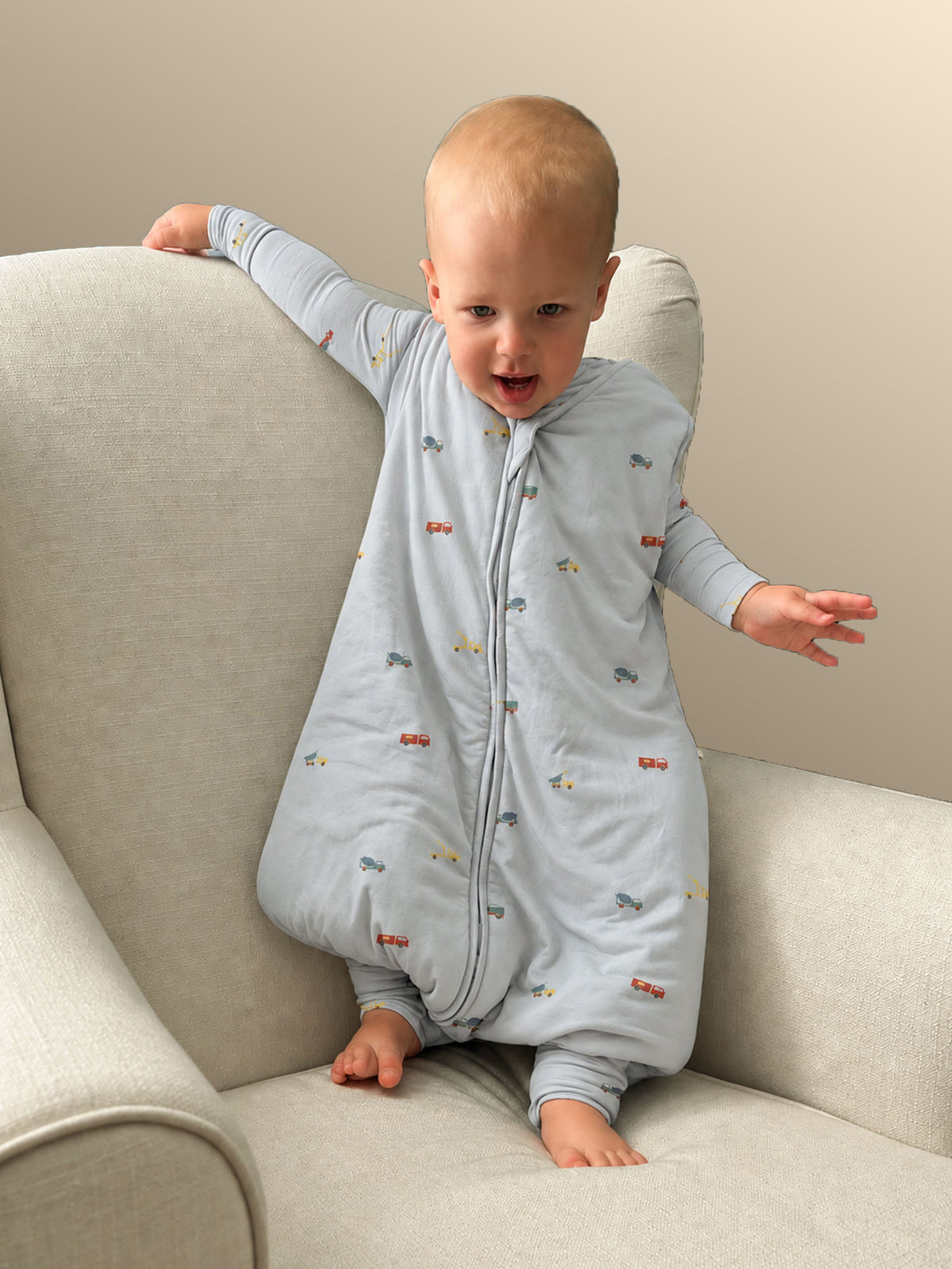 Light blue 2.5 TOG footie sleep sack with full zipper and car print