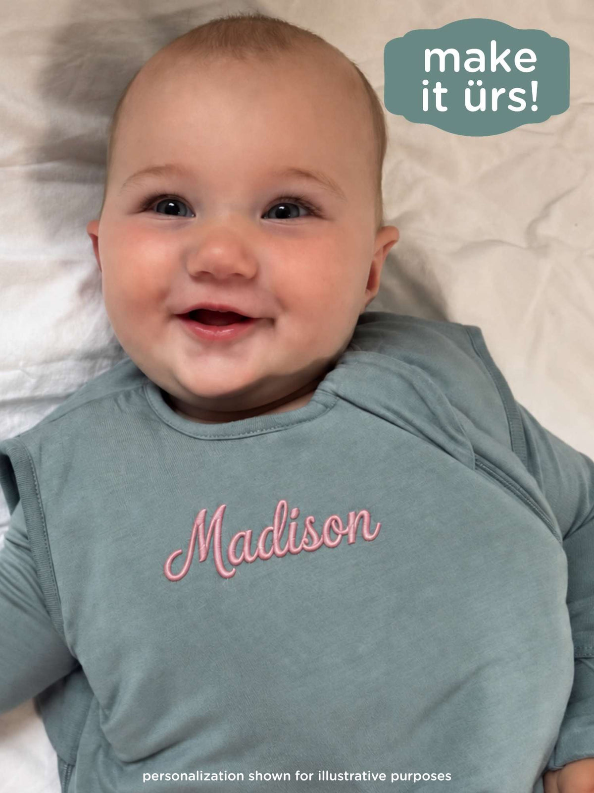 Teal baby sleep sack with personalized name 'Madison' on the chest