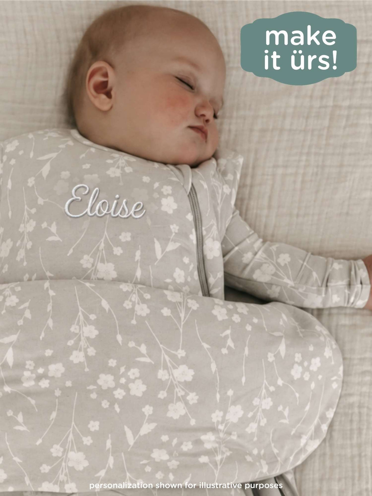 2.5 TOG magnolia sleep sack in light gray with white floral print and zipper front