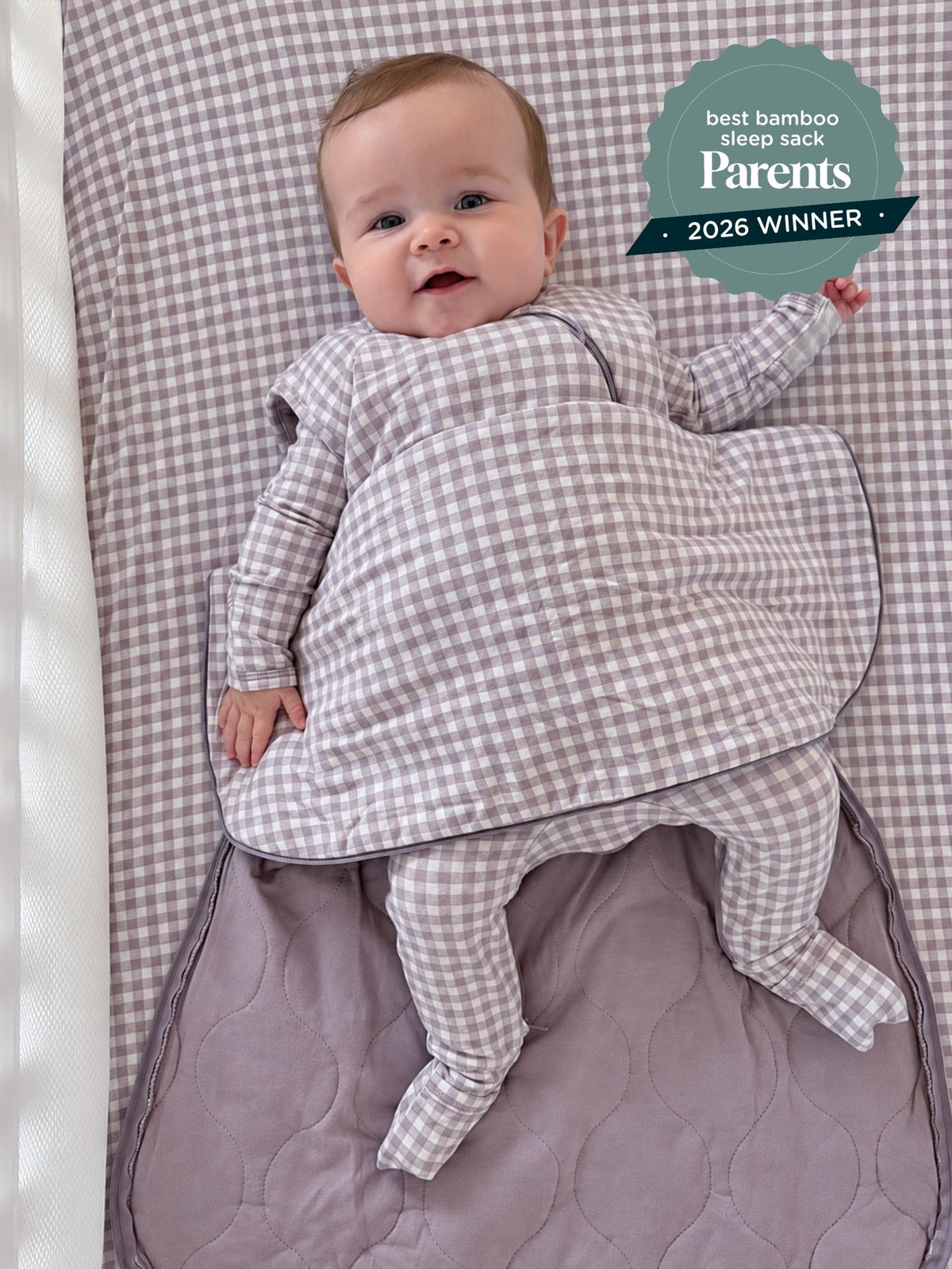 2.5 tog sleep sack, gray check pattern, front zipper, open arms