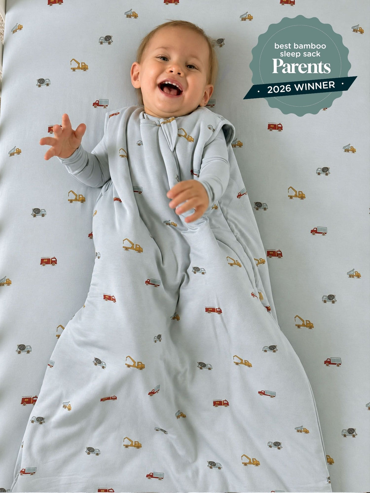 Light blue 2.5 TOG sleep sack with small vehicle print, sleeveless with arm openings