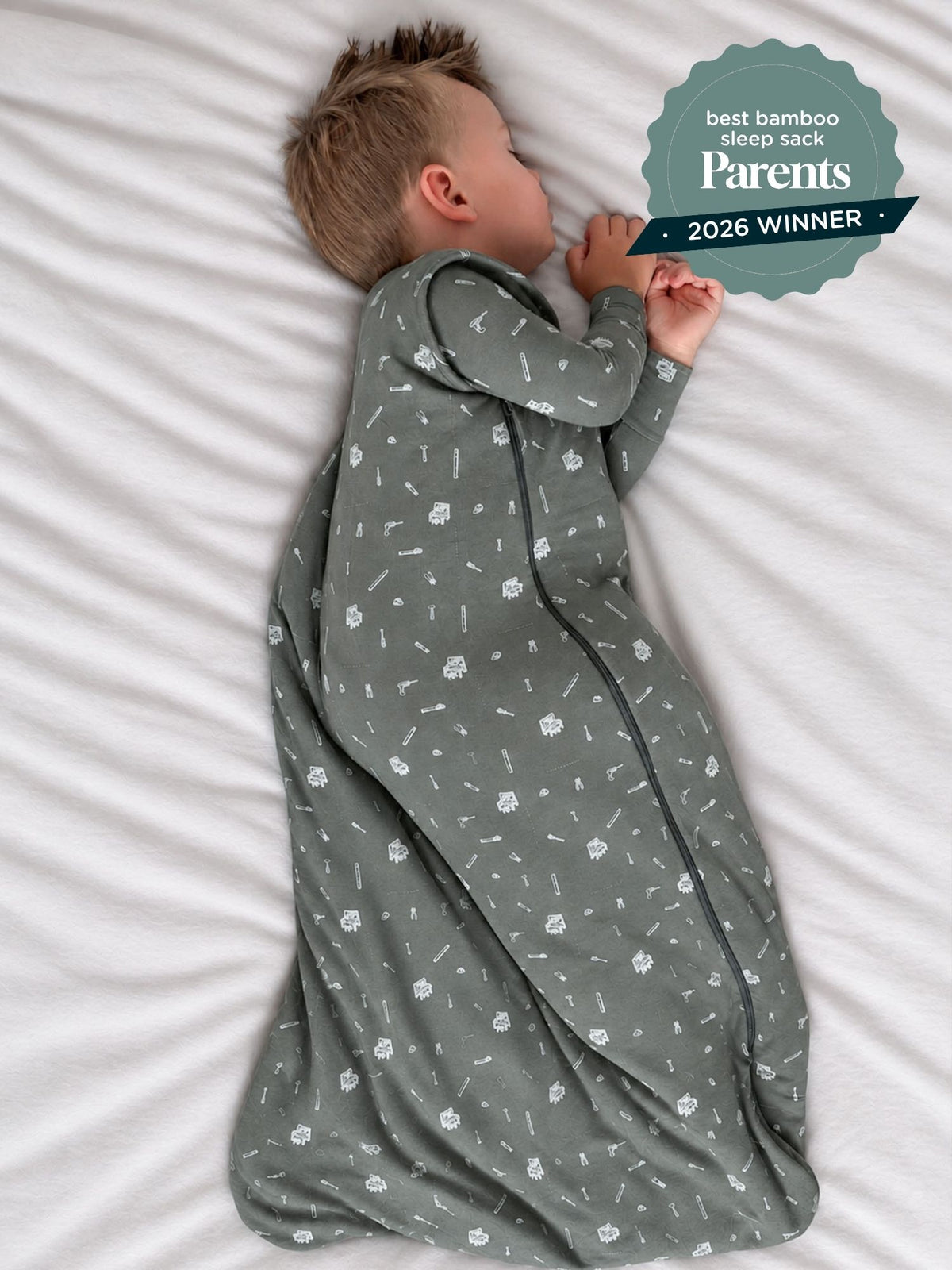 2.5 TOG tool-print sleep sack in gray with full-length zipper
