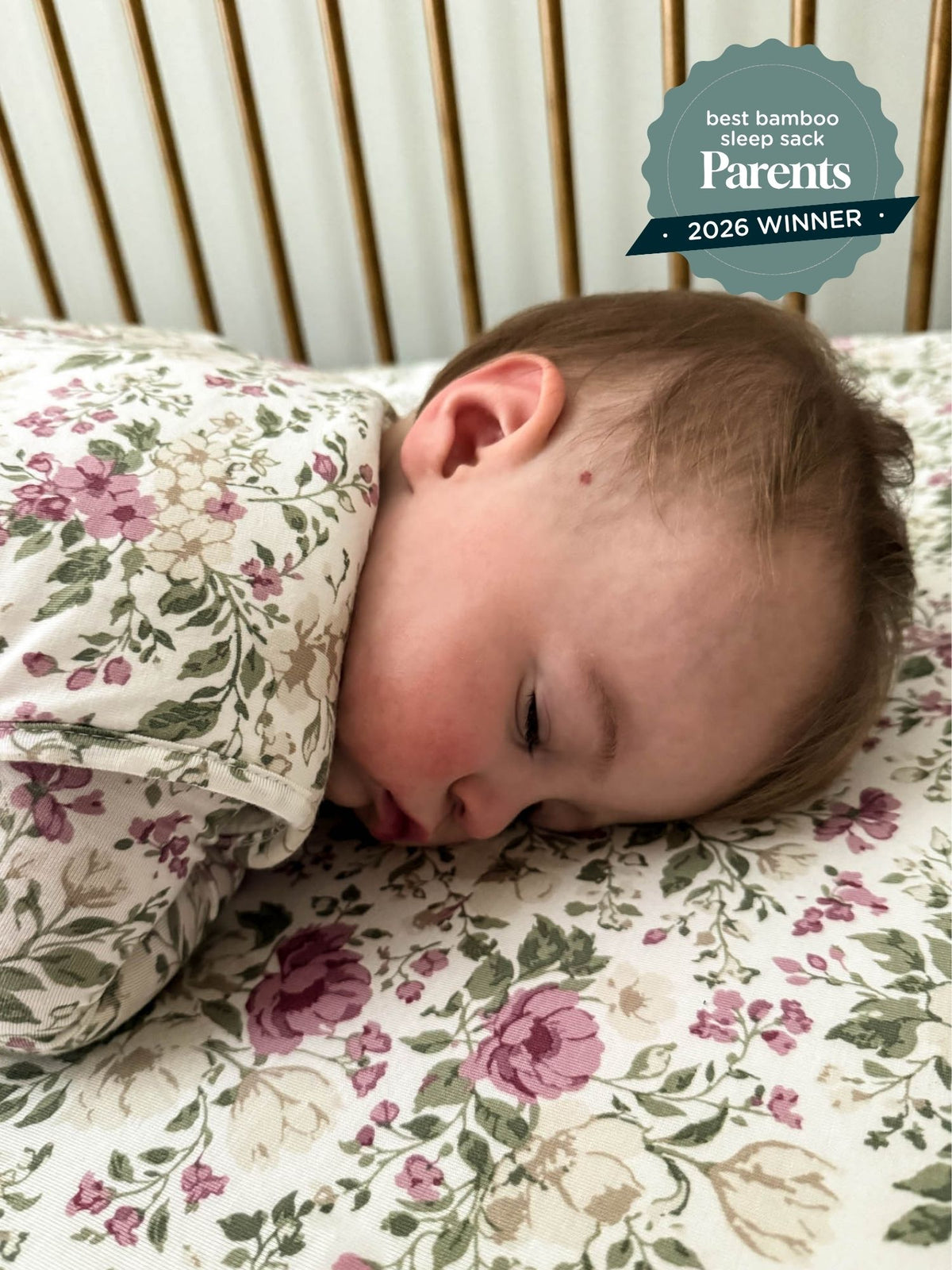 Floral baby sleep sack, 2.5 TOG, green with pink rose print