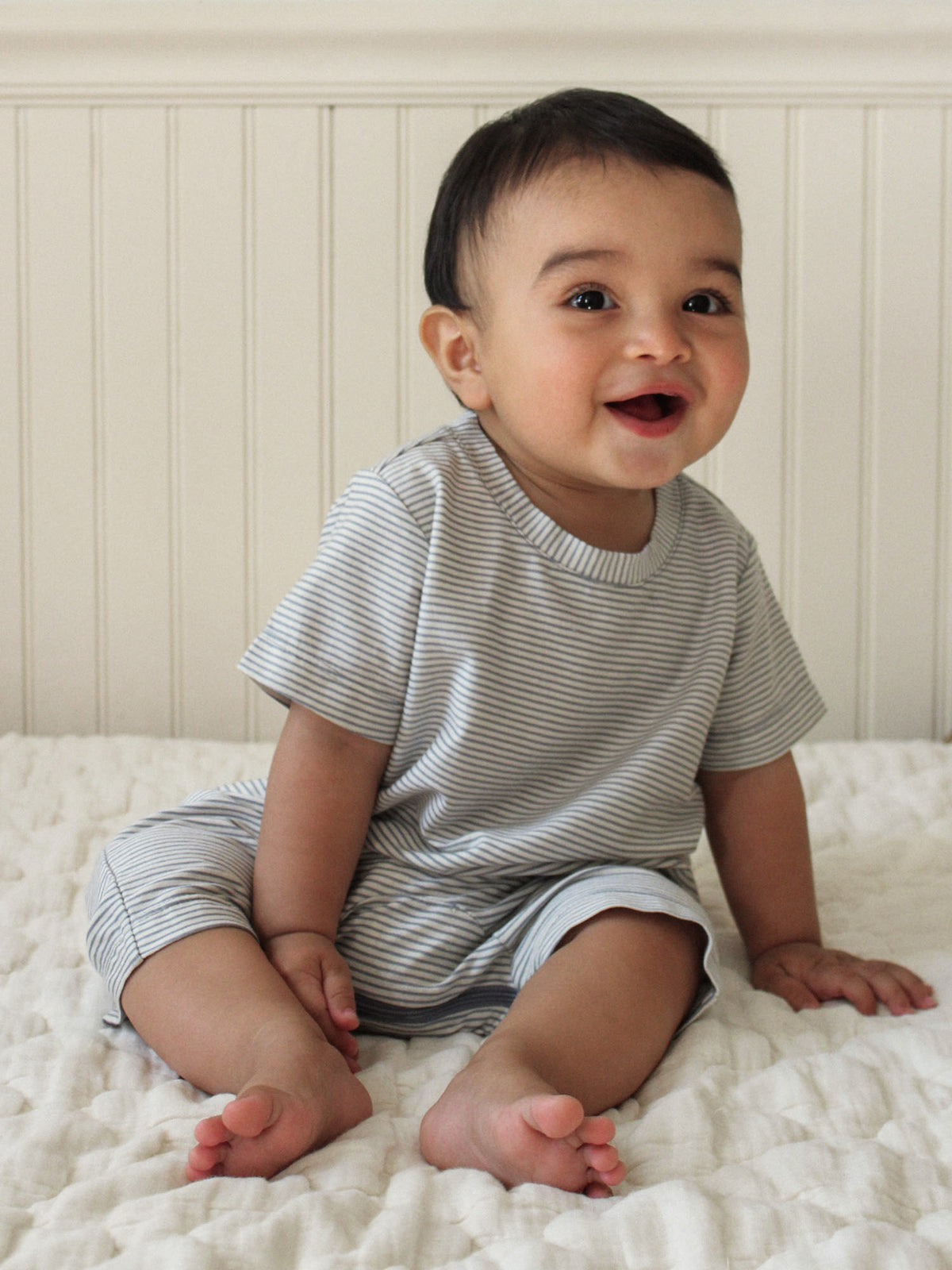 Cotton Shortie Romper - Blue Stripes