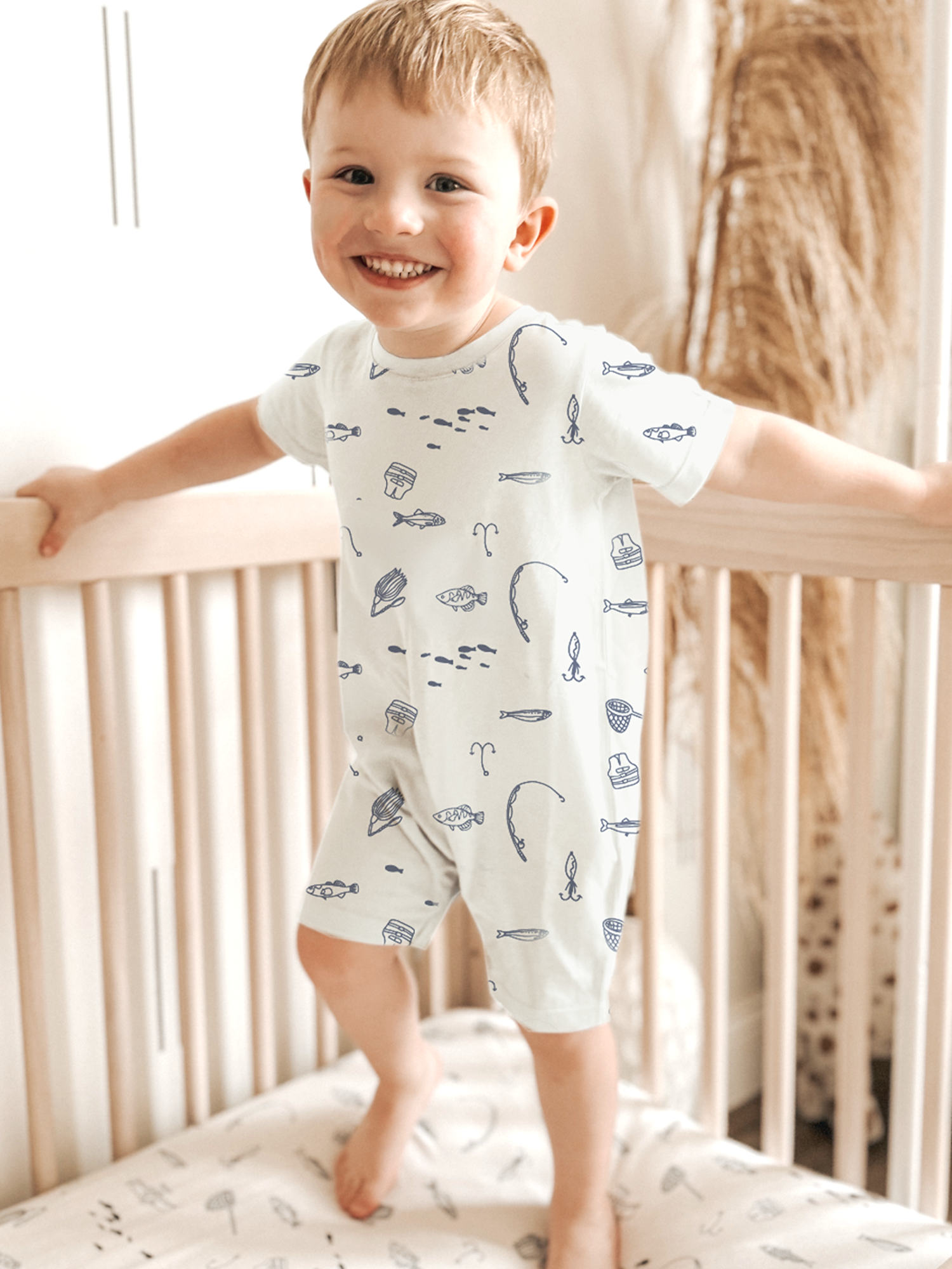 Cotton Shortie Romper - Fishing