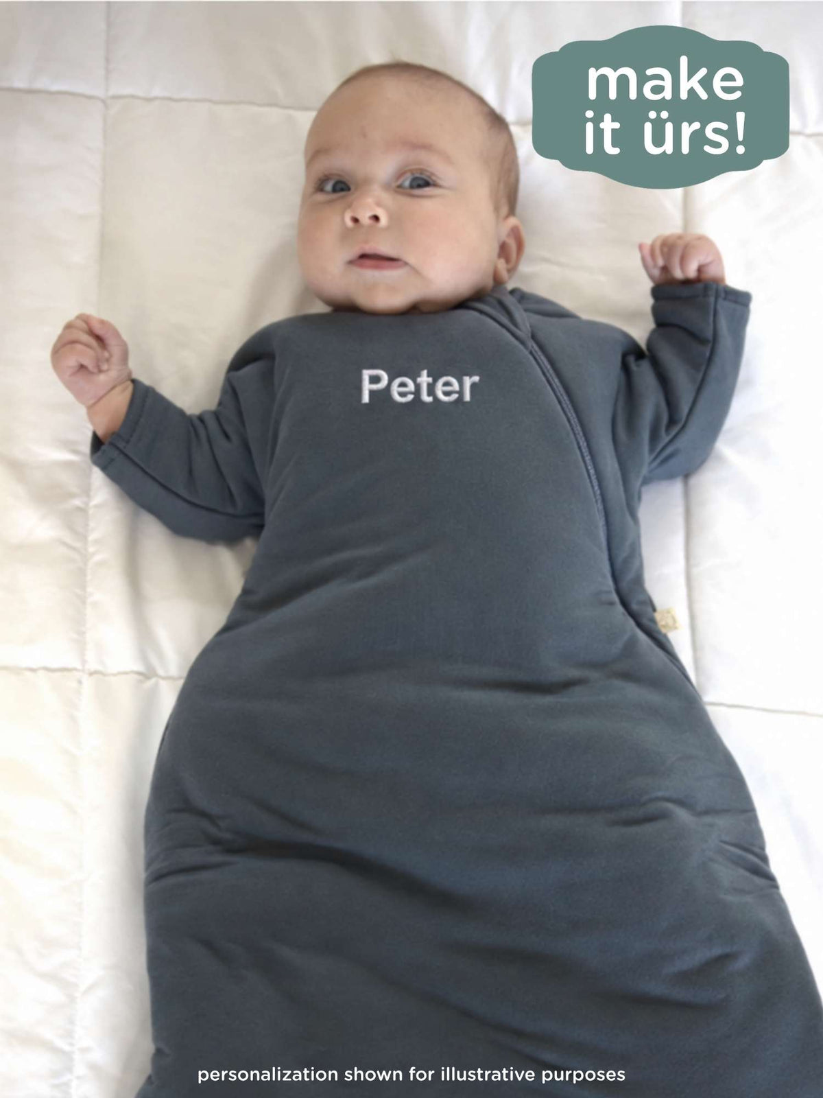 Gray long-sleeve swaddle sack with open front and personalized 'Peter' on chest