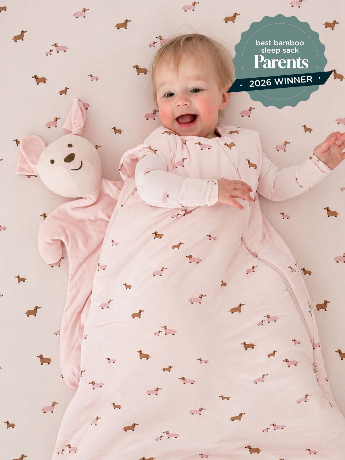 1.0 TOG pink dog-print baby sleep sack with long sleeves, footless design