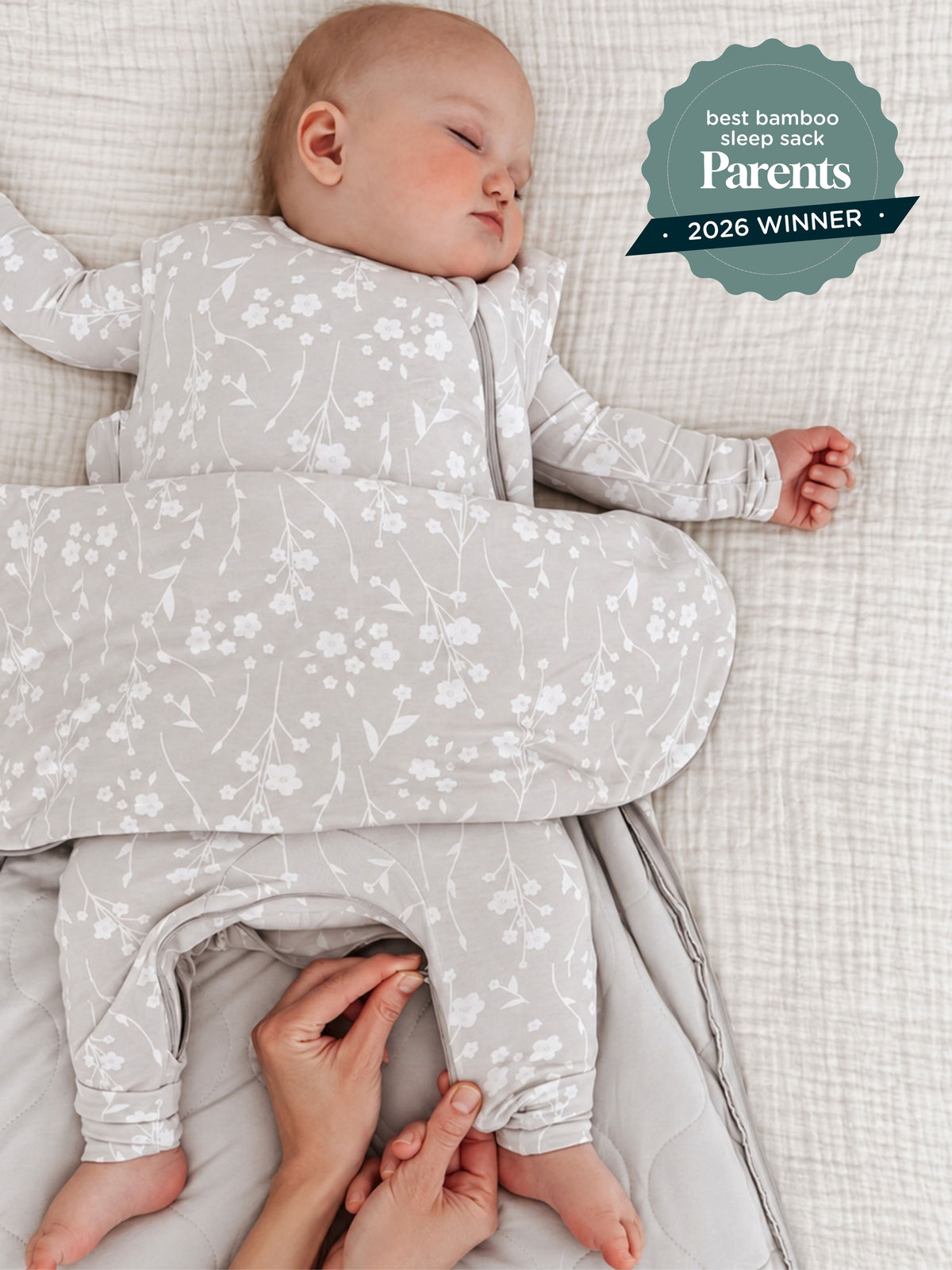 1.0 TOG sleep sack in light gray with white floral print, zip front