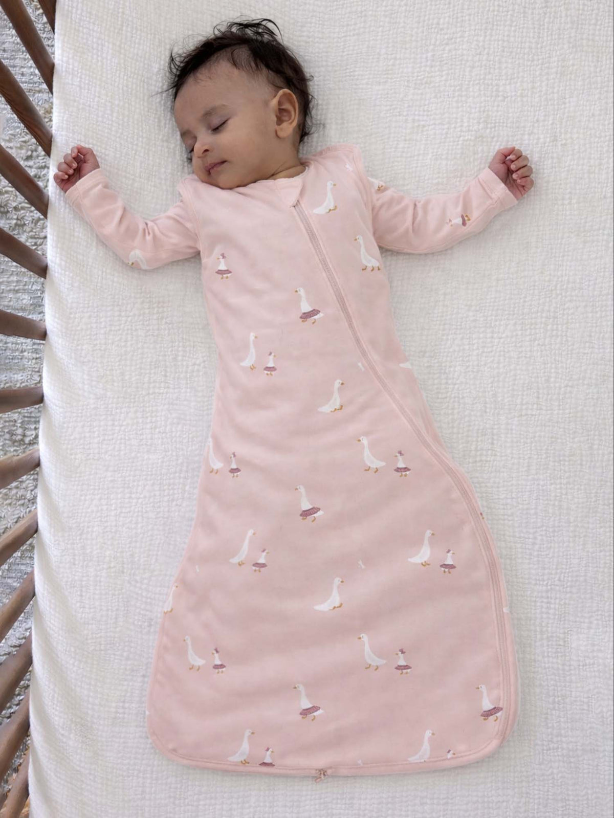 1.0 TOG Tutu Goose swaddle sleep sack in pink, goose-print, zip front