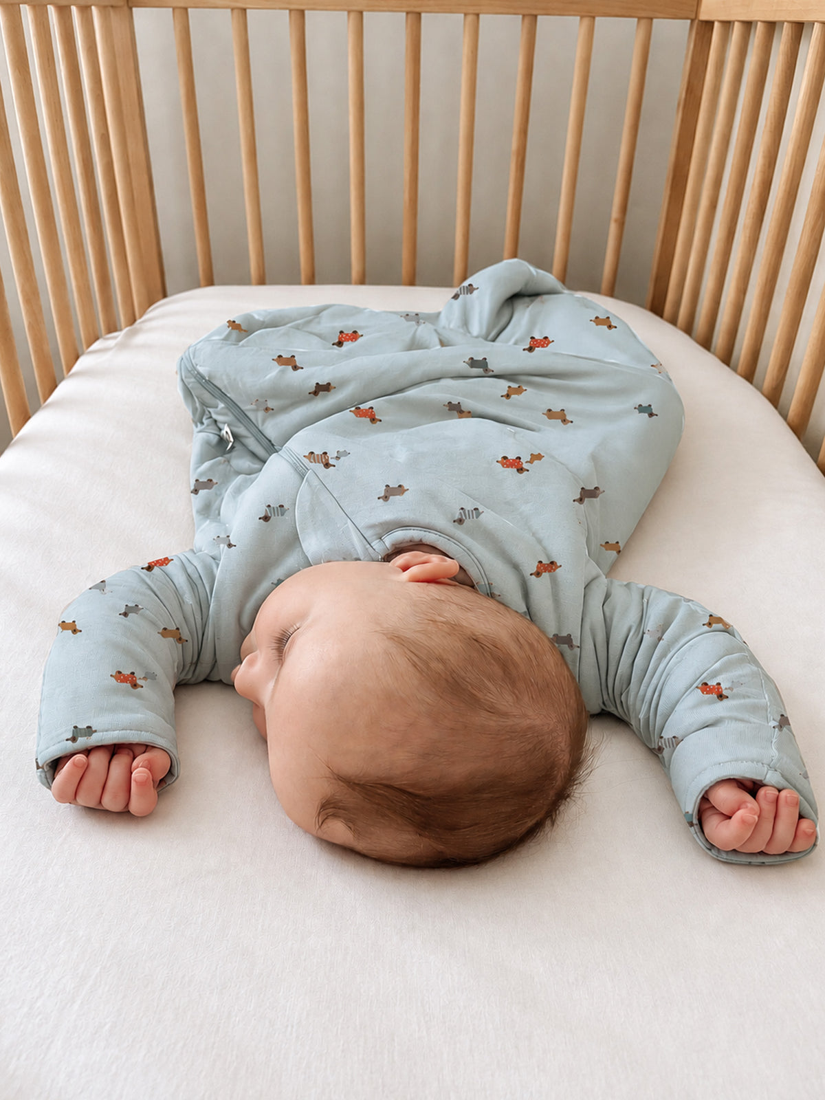 Light blue long-sleeve sleep sack with orange dog prints, baby lying inside.