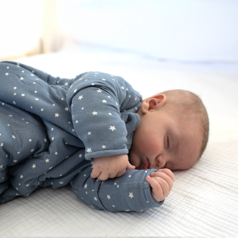 Slate blue star-print sleep sack with long sleeves and a front zipper.