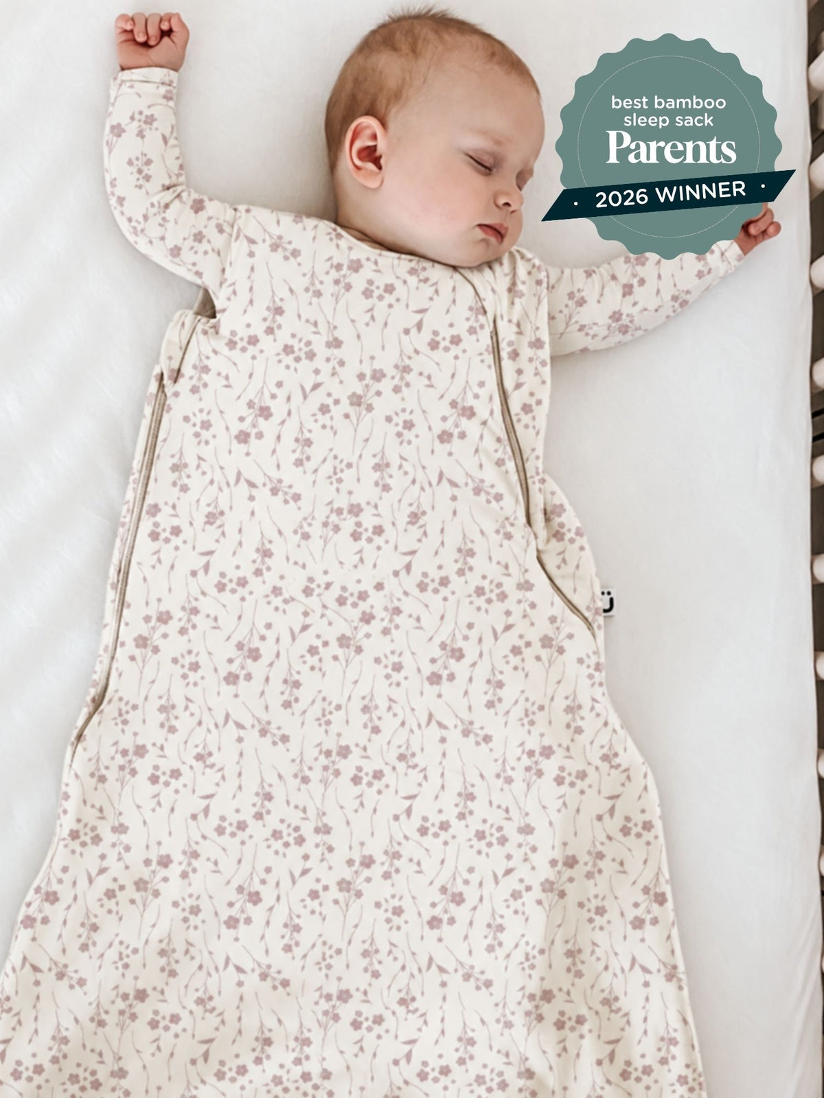 Light beige floral sleep sack with full-length zipper, long sleeves