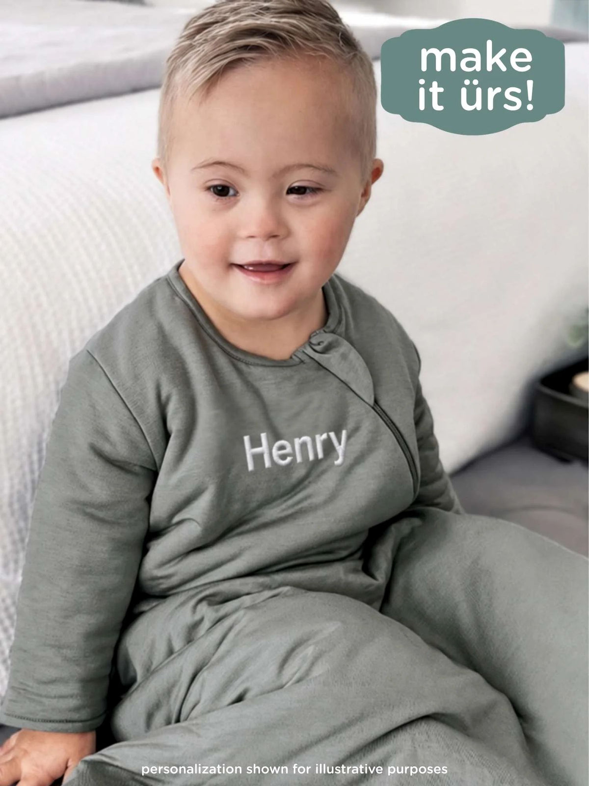 Sage green long-sleeve sleep sack with zip front and printed name "Henry"