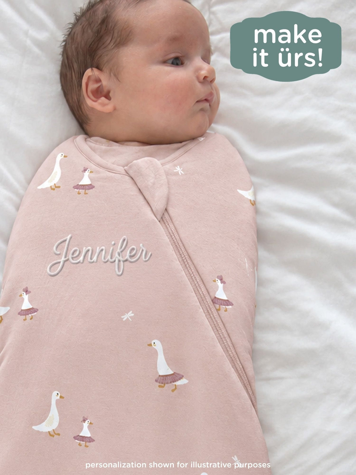 Pink goose-print swaddle sleep sack with front zipper and personalized 'Jennifer'