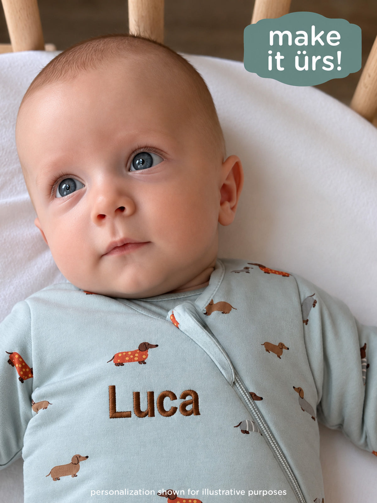 Light blue personalized sleep sack with dog print, front zipper, name Luca