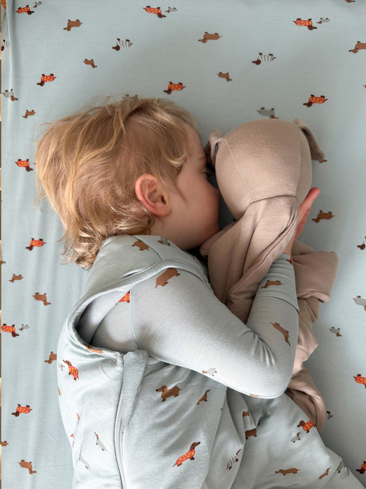 Light blue dachshund-print sleep sack with hood and zip-front