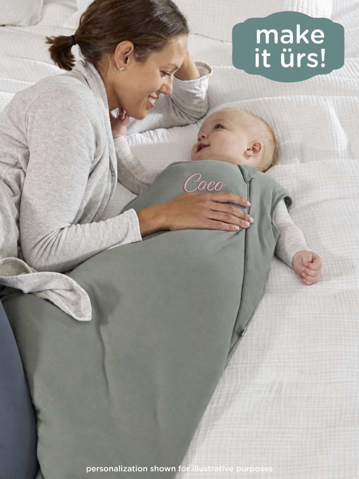 Sage green baby sleep sack with 'Coco' on front, 1.0 TOG