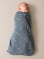 2.5 TOG swaddle sleep sack in blue with small camel pattern, front view