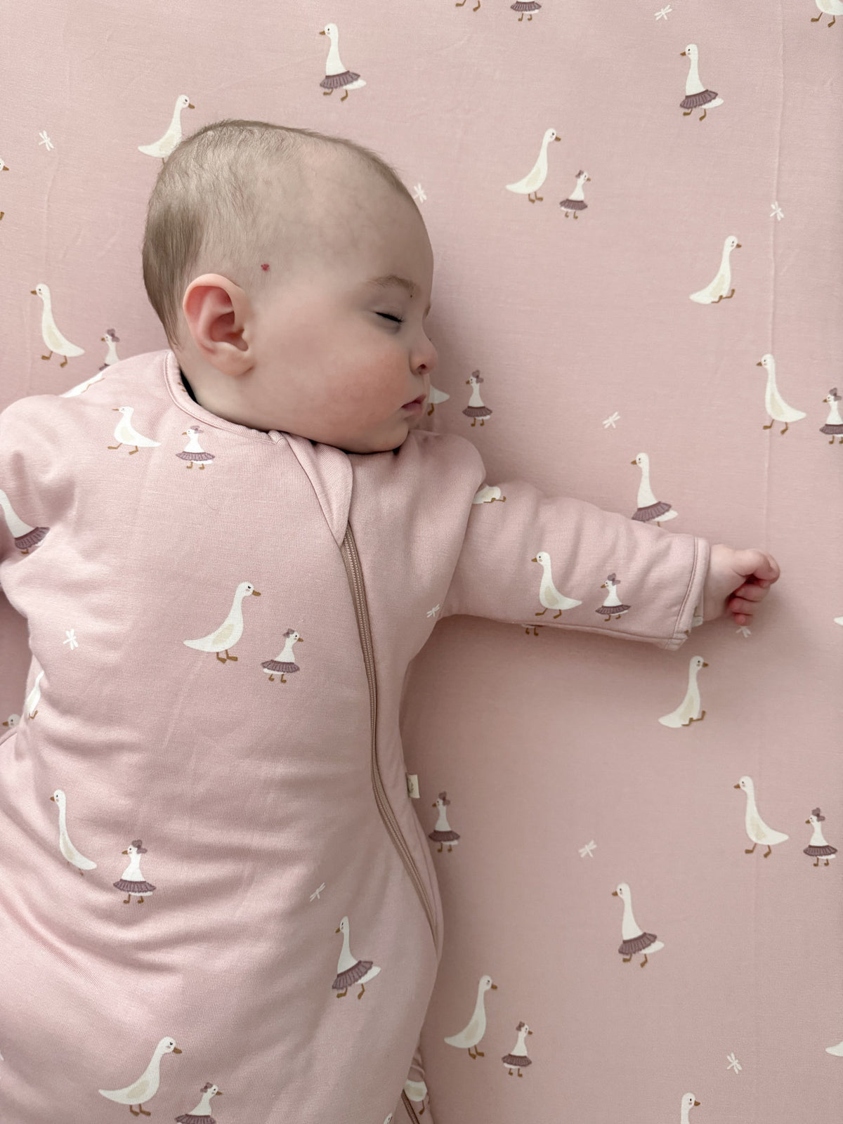 Pink crib sheet with small white goose print, baby in sleeper on sheet
