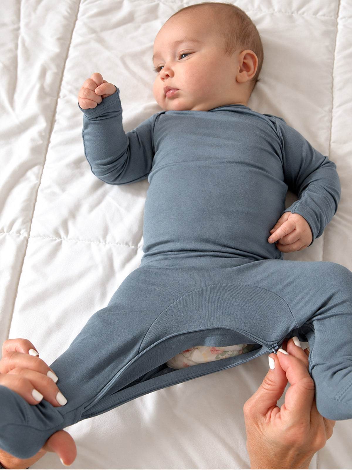 Hush blue convertible pajama with zip-off lower section and long sleeves