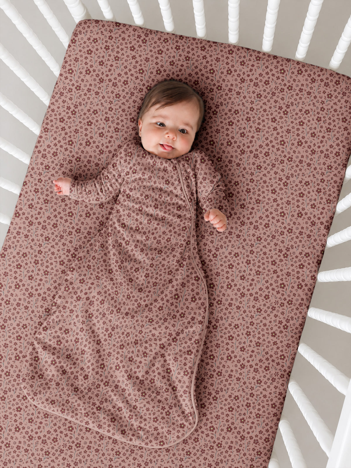 Long-sleeve swaddle sack, petal floral print, zip front and hood opening