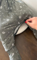 Gray tool-pattern footie sleep sack with zipper closure