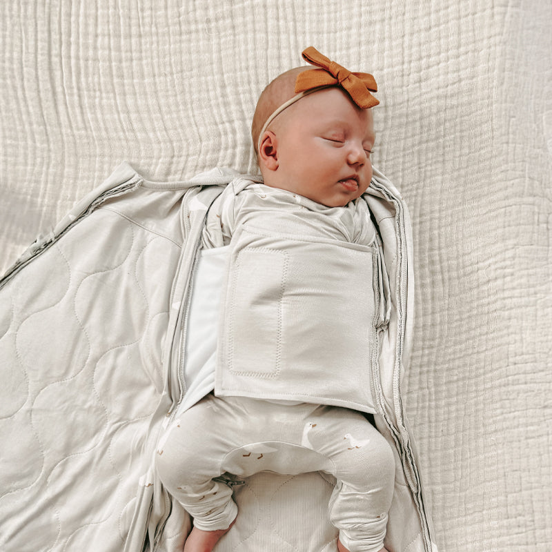 2.5 TOG swaddle sleep sack with goose print, front zipper, cream