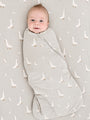 Goose-print swaddle sleep sack with front zip, light gray fabric