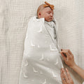 2.5 TOG swaddle sleep sack with goose pattern, open front zipper, cream