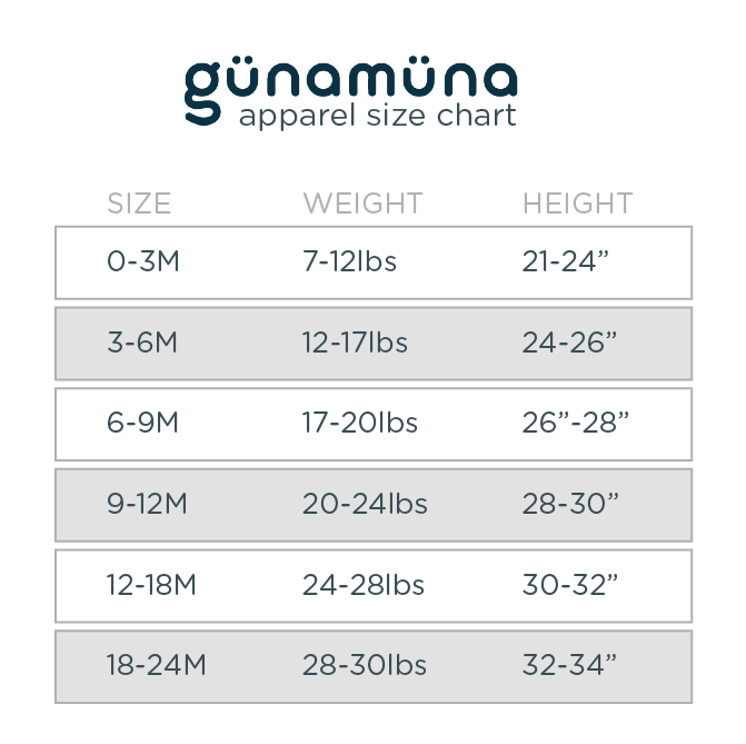 Apparel & Sleep Sack Size Chart TOG Guide gunamuna